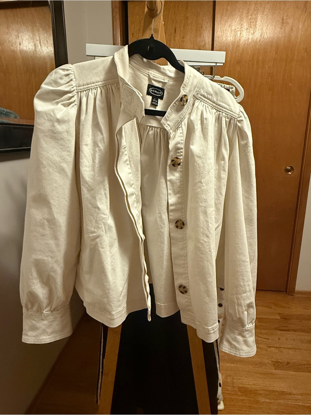 Eileen Fisher Cream Button-Front Cotton Jacket with Puff Shoulders